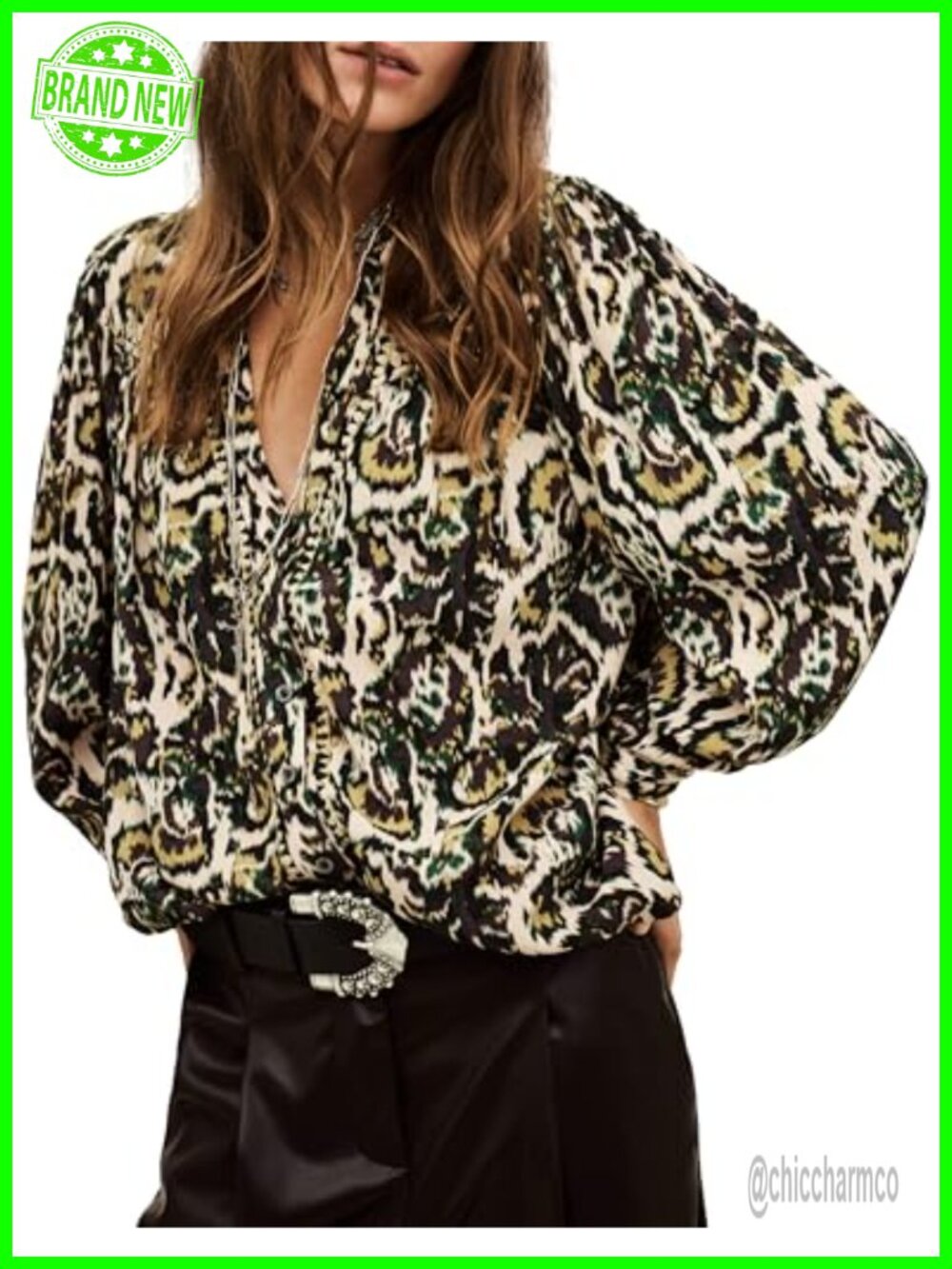 Boho Floral Print V-Neck Button Tab Blouse Gathered Back 100% Viscose Top